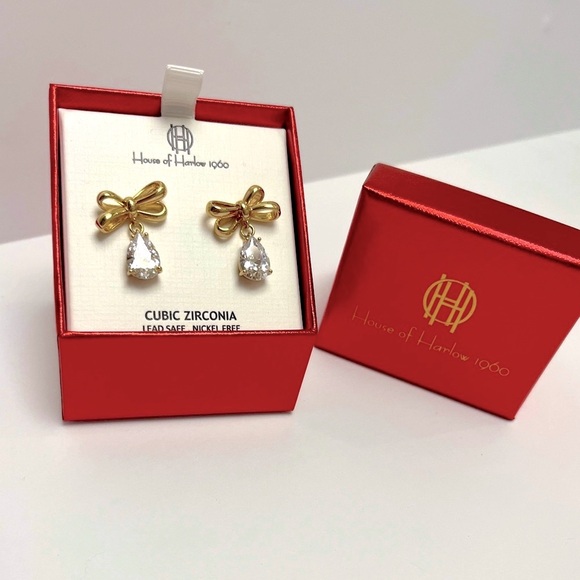 NWT ⚜️👑⚜️ House of Harlow Gold Bow Earrings with Pear shaped cubic zirconia - Picture 8 of 11
